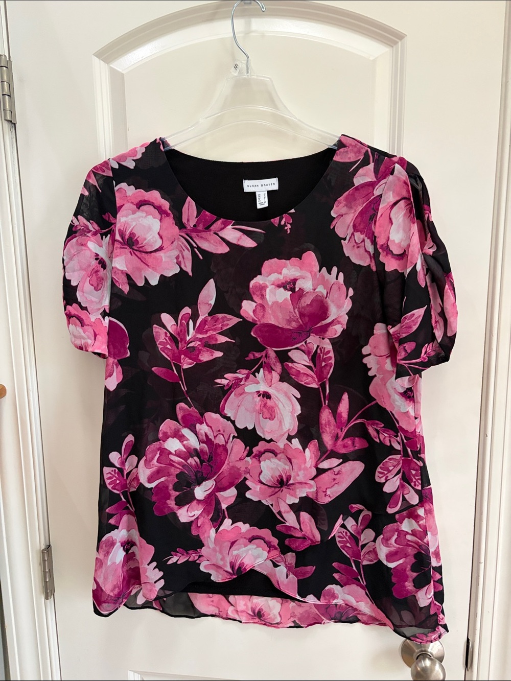 Susan Graver Black Floral Blouse with Pink Bloom Print